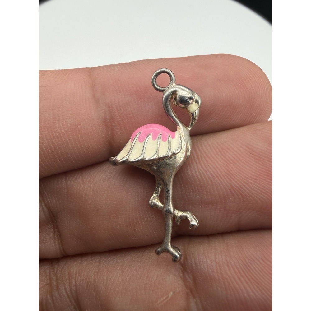 Vintage 925 Sterling Silver Pink And White Enamel Flamingo Shaped Charm Pendant